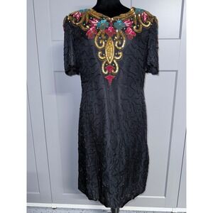 Denise Elle 80's Black Silk Beaded Sequin Embellished Dress Large‎ With Flaws
